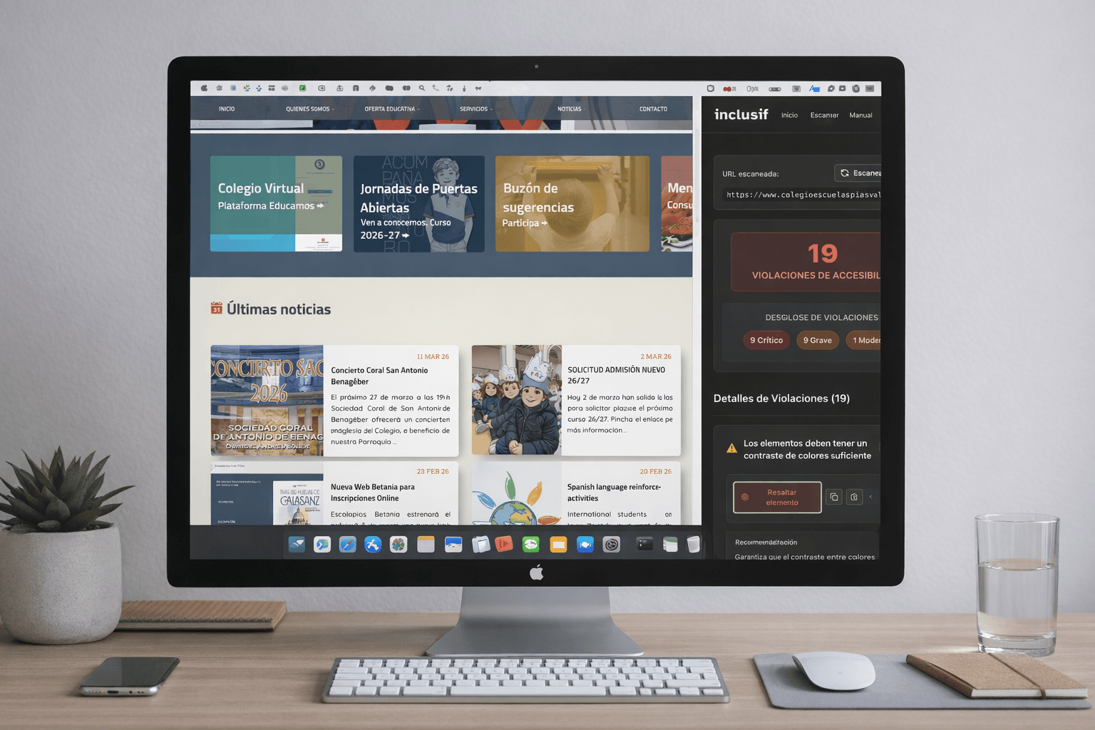 Mockup de web de colegio con errores comunes de accesibilidad web señalizados